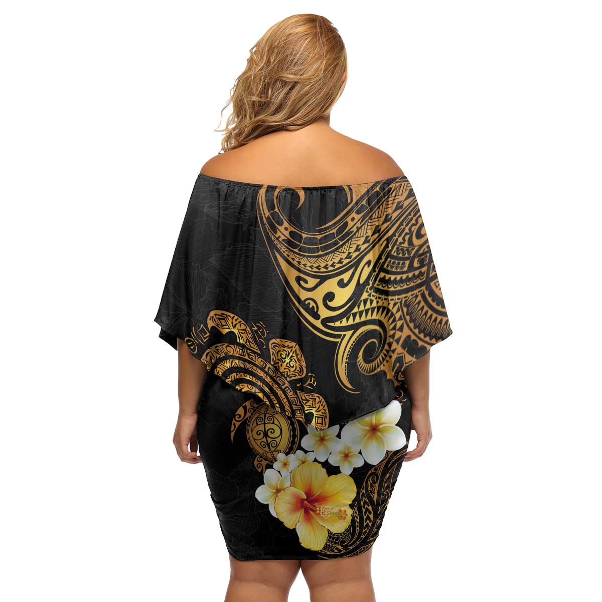 Polynesian Turtle Family Matching Off Shoulder Short Dress and Hawaiian Shirt Plumeria Hibiscus Pattern Black Color LT03 - Polynesian Pride