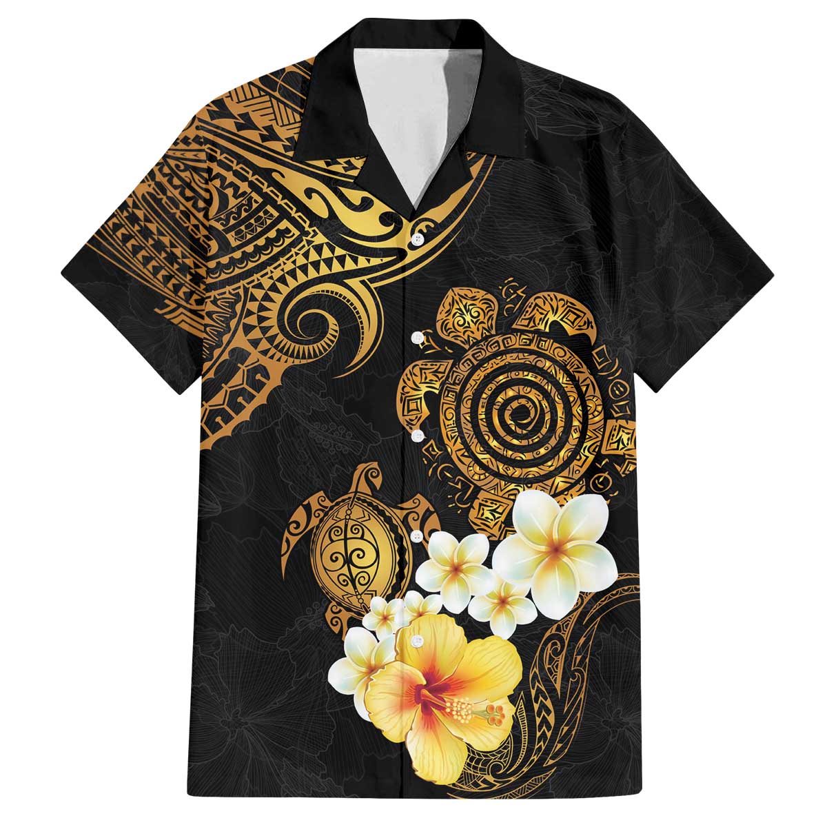 Polynesian Turtle Family Matching Puletasi and Hawaiian Shirt Plumeria Hibiscus Pattern Black Color