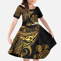 Polynesian Turtle Family Matching Short Sleeve Bodycon Dress and Hawaiian Shirt Plumeria Hibiscus Pattern Black Color