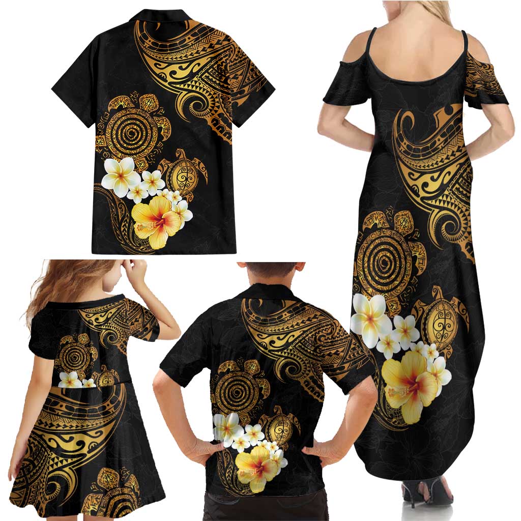 Polynesian Turtle Family Matching Summer Maxi Dress and Hawaiian Shirt Plumeria Hibiscus Pattern Black Color LT03 - Polynesian Pride