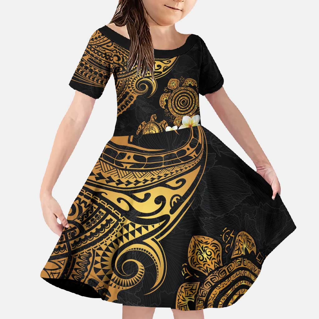 Polynesian Turtle Family Matching Tank Maxi Dress and Hawaiian Shirt Plumeria Hibiscus Pattern Black Color LT03 Daughter's Dress Black - Polynesian Pride