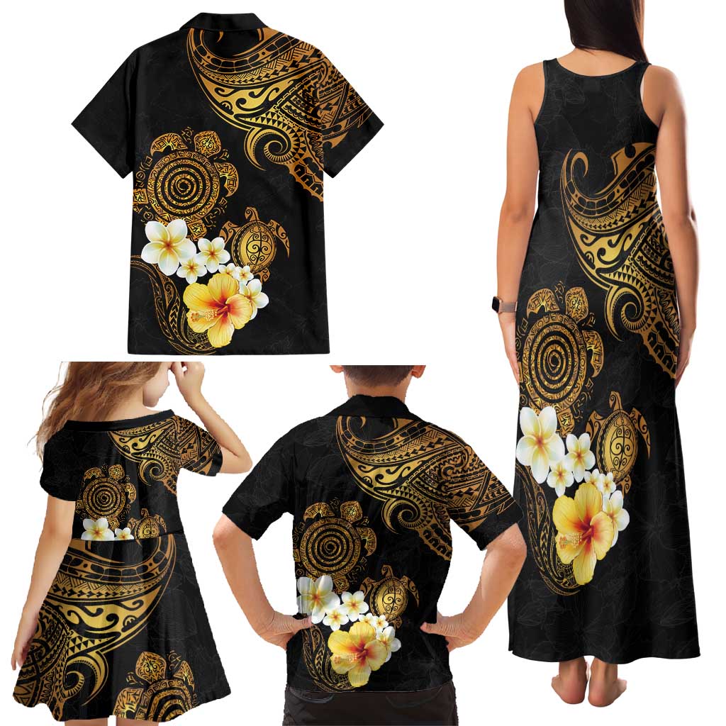Polynesian Turtle Family Matching Tank Maxi Dress and Hawaiian Shirt Plumeria Hibiscus Pattern Black Color LT03 - Polynesian Pride
