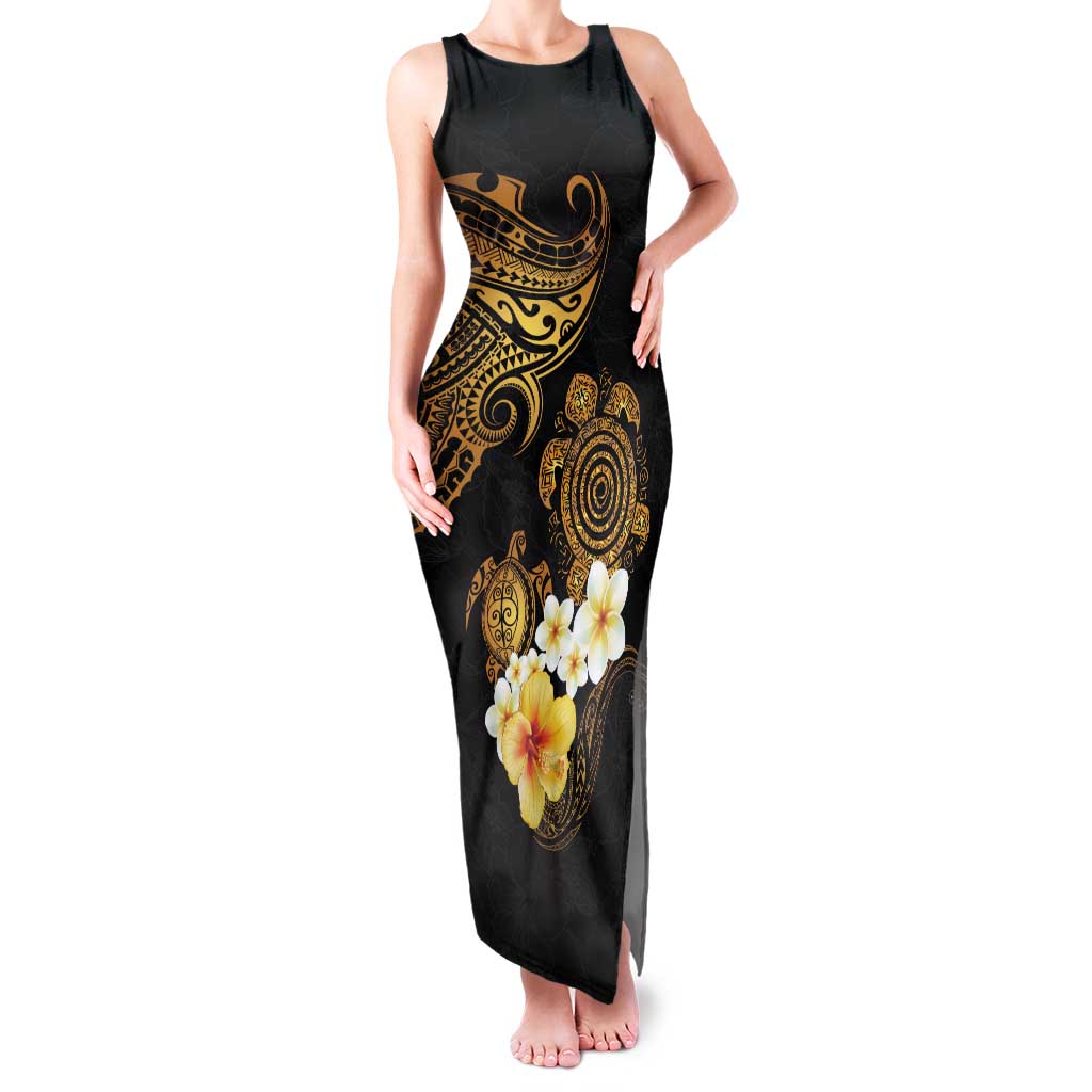 Polynesian Turtle Family Matching Tank Maxi Dress and Hawaiian Shirt Plumeria Hibiscus Pattern Black Color LT03 Mom's Dress Black - Polynesian Pride