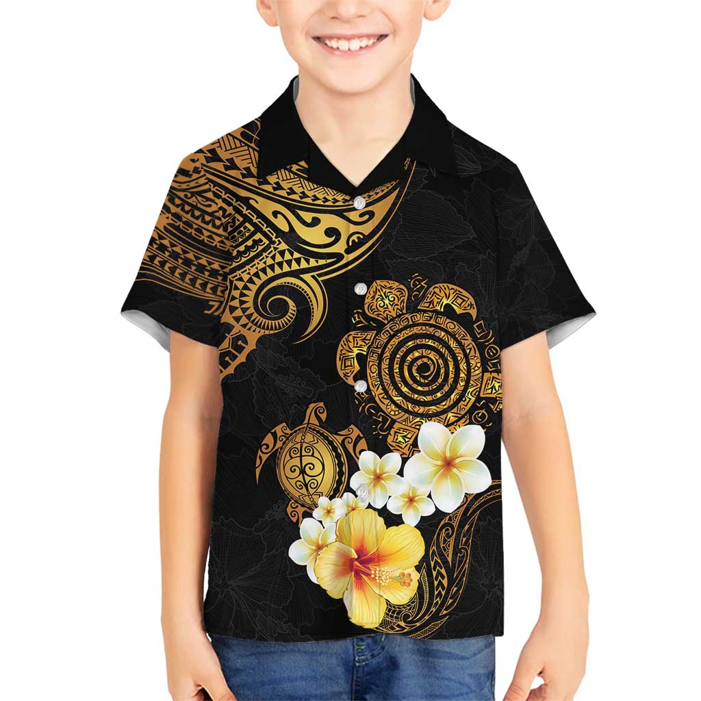 Polynesian Turtle Family Matching Tank Maxi Dress and Hawaiian Shirt Plumeria Hibiscus Pattern Black Color LT03 Son's Shirt Black - Polynesian Pride