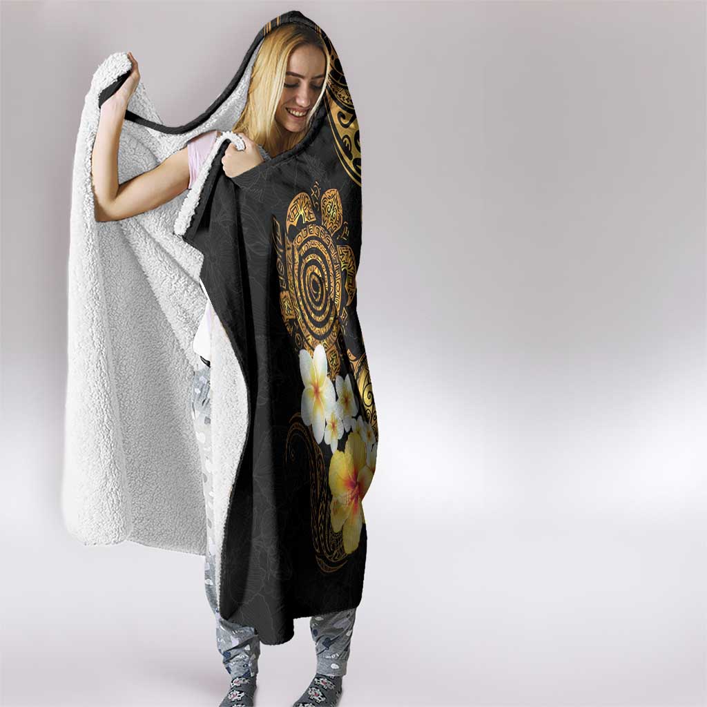 Polynesian Turtle Hooded Blanket Plumeria Hibiscus Pattern Black Color