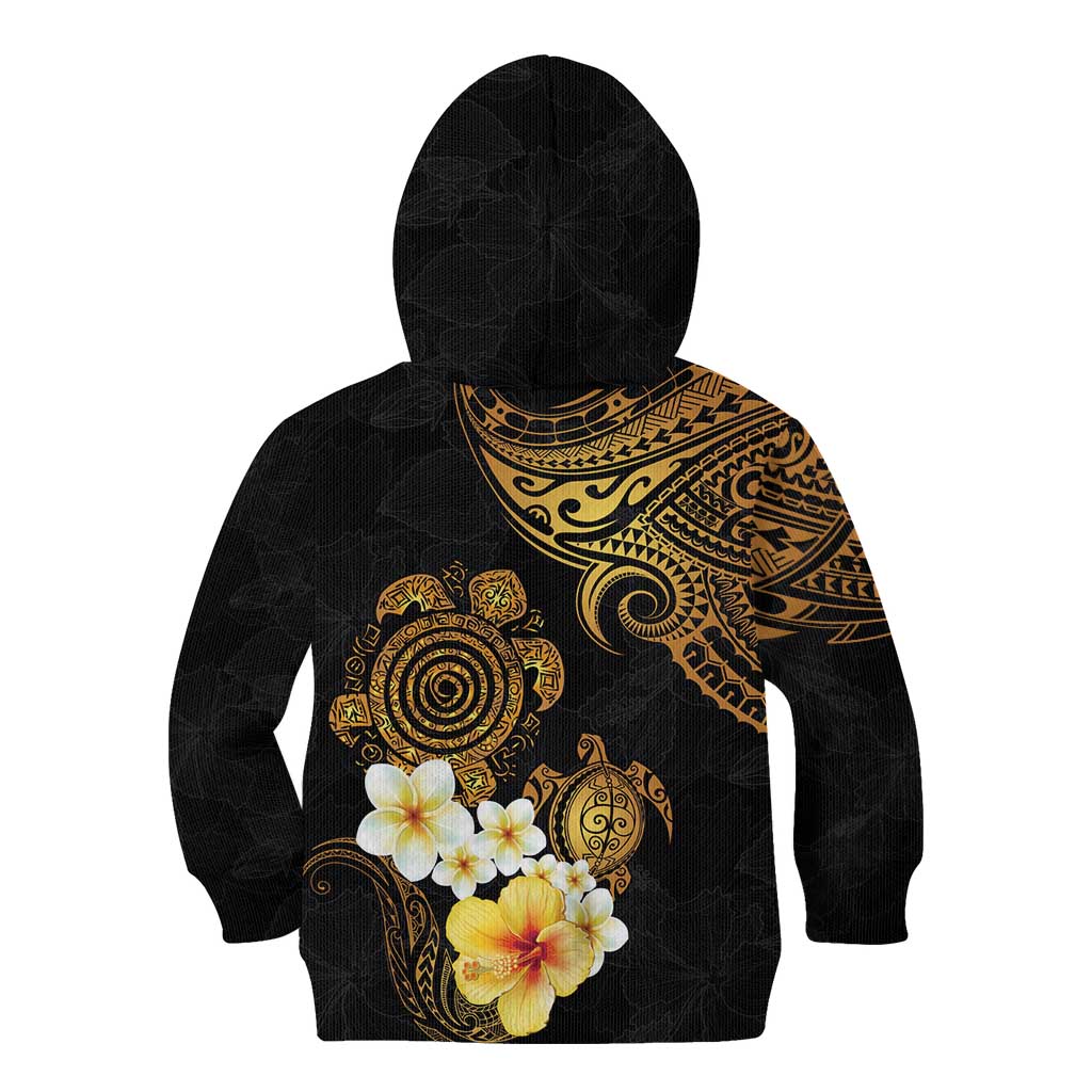 Polynesian Turtle Kid Hoodie Plumeria Hibiscus Pattern Black Color