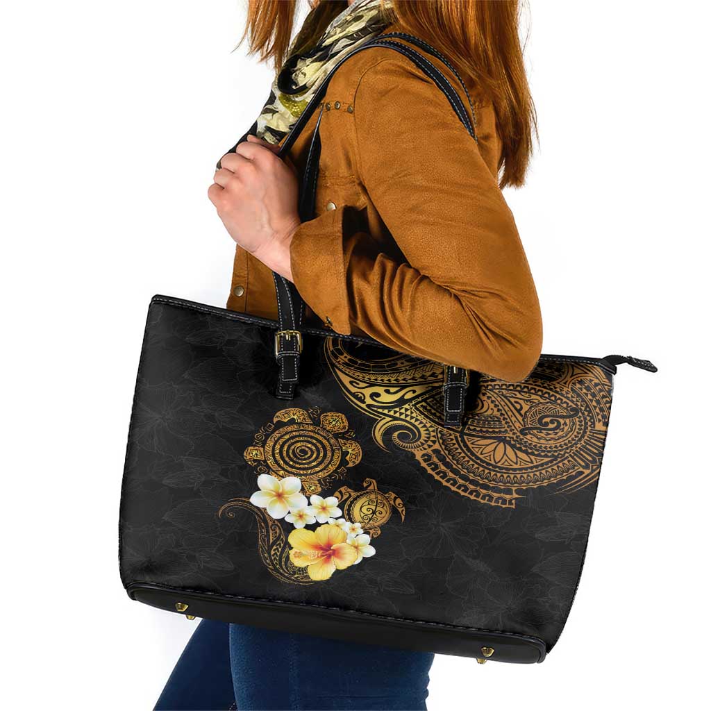 Polynesian Turtle Leather Tote Bag Plumeria Hibiscus Pattern Black Color LT03 Black - Polynesian Pride