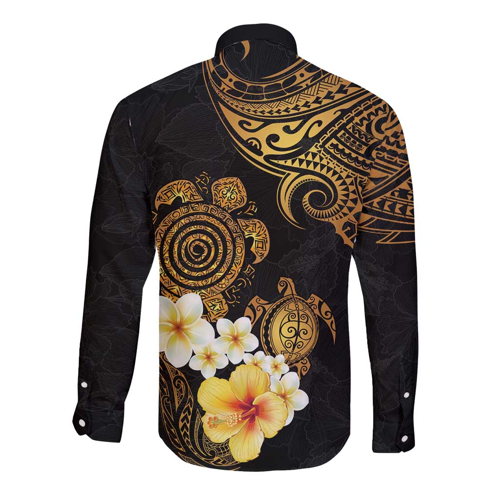 Polynesian Turtle Long Sleeve Button Shirt Plumeria Hibiscus Pattern Black Color