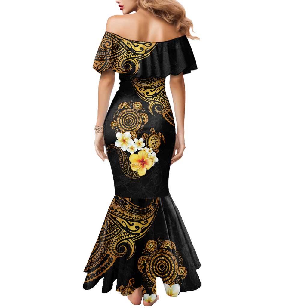 Polynesian Turtle Mermaid Dress Plumeria Hibiscus Pattern Black Color LT03 - Polynesian Pride