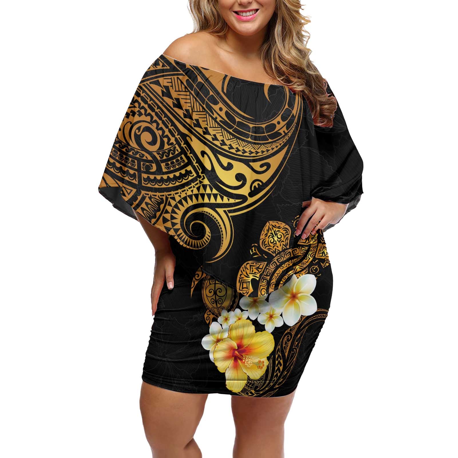 Polynesian Turtle Off Shoulder Short Dress Plumeria Hibiscus Pattern Black Color