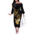 Polynesian Turtle Off The Shoulder Long Sleeve Dress Plumeria Hibiscus Pattern Black Color