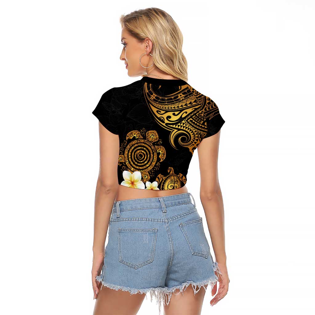 Polynesian Turtle Raglan Cropped T Shirt Plumeria Hibiscus Pattern Black Color LT03 - Polynesian Pride