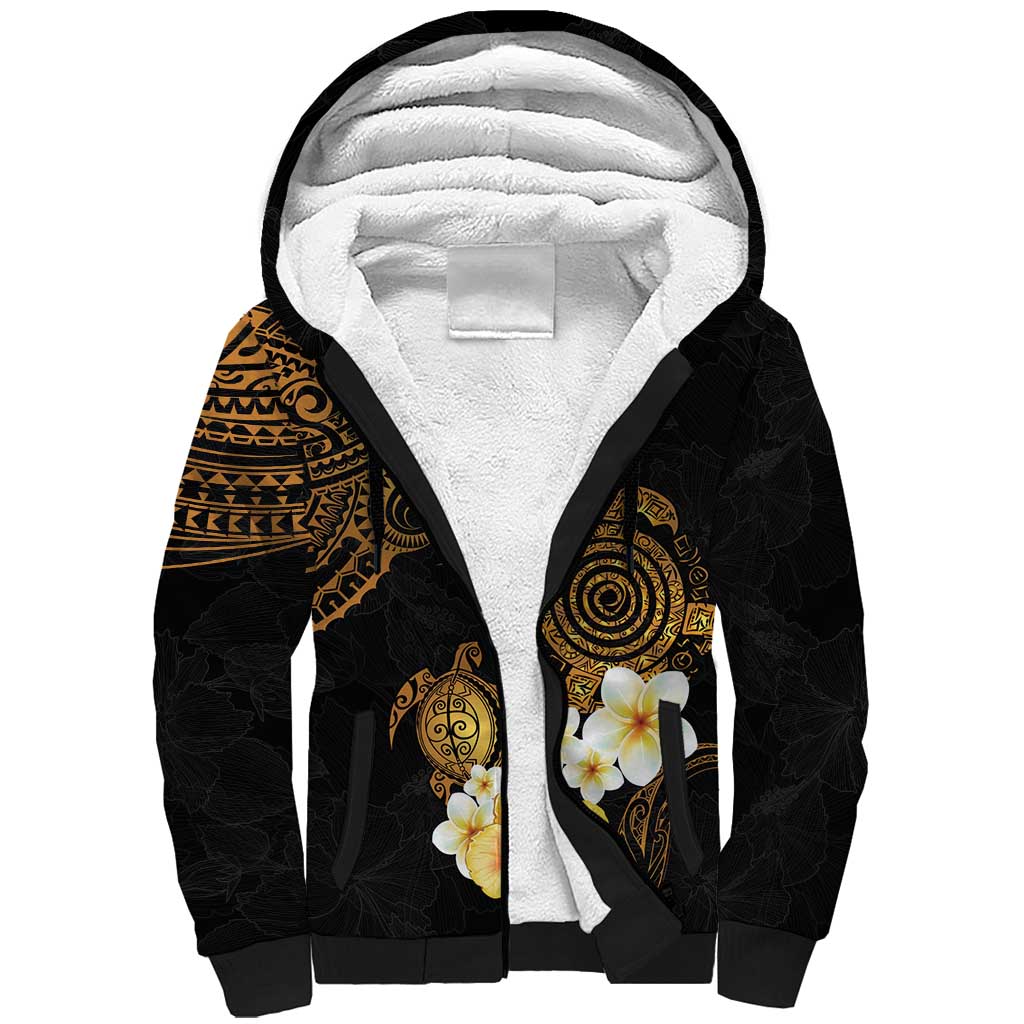 Polynesian Turtle Sherpa Hoodie Plumeria Hibiscus Pattern Black Color