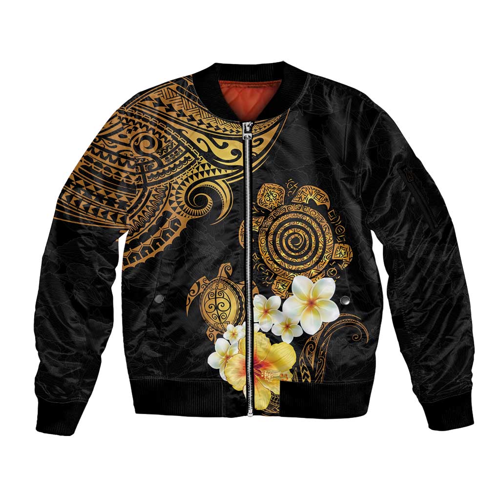Polynesian Turtle Sleeve Zip Bomber Jacket Plumeria Hibiscus Pattern Black Color