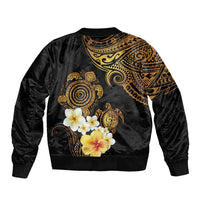 Polynesian Turtle Sleeve Zip Bomber Jacket Plumeria Hibiscus Pattern Black Color