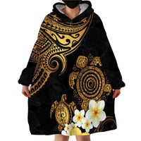 Polynesian Turtle Wearable Blanket Hoodie Plumeria Hibiscus Pattern Black Color