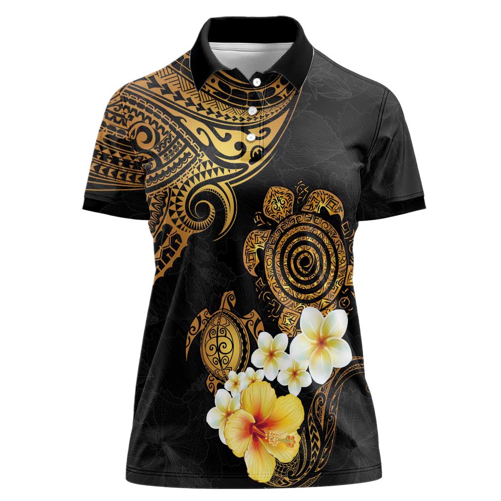 Polynesian Turtle Women Polo Shirt Plumeria Hibiscus Pattern Black Color