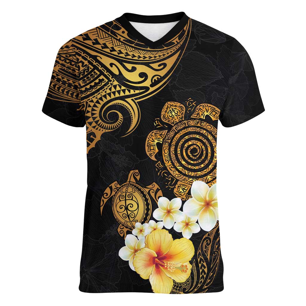 Polynesian Turtle Women V-Neck T-Shirt Plumeria Hibiscus Pattern Black Color LT03 Female Black - Polynesian Pride