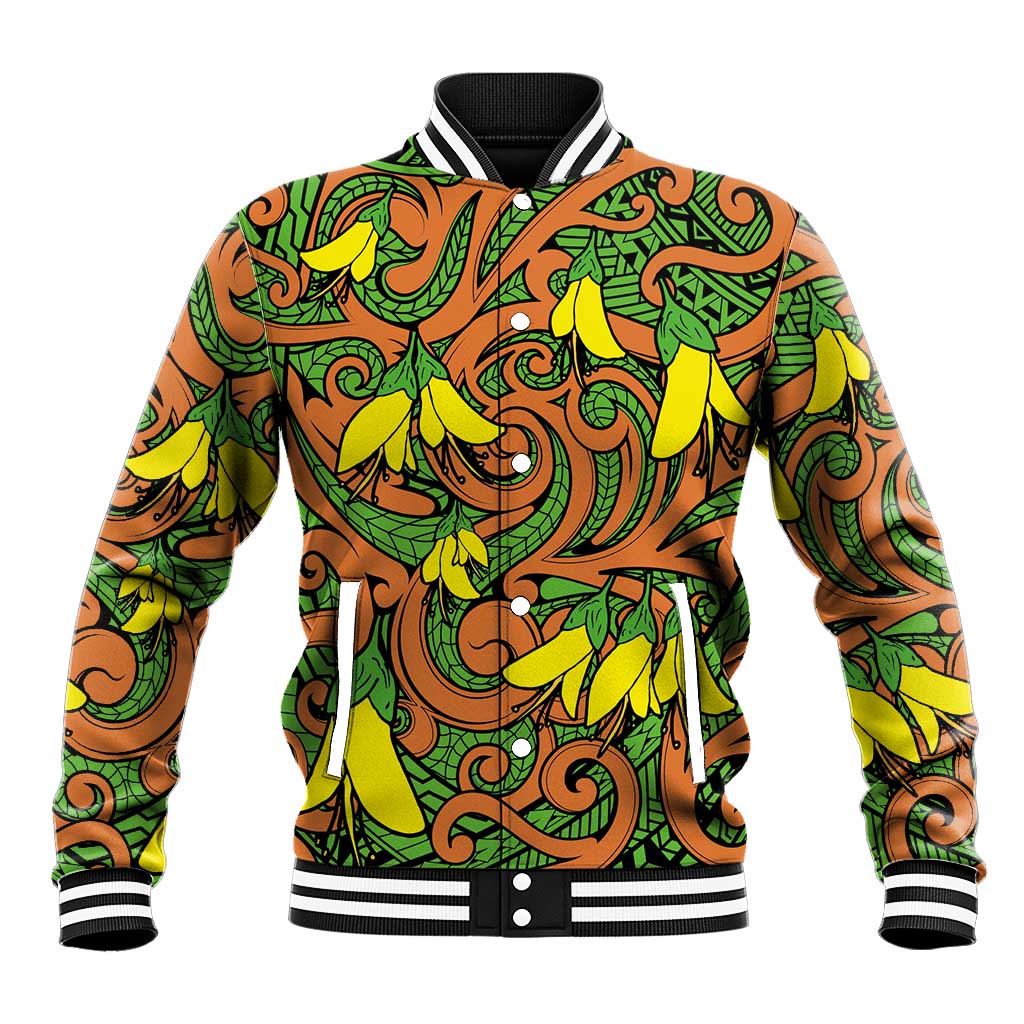 New Zealand Kowhai Flowers Baseball Jacket Maori Koru Pattern