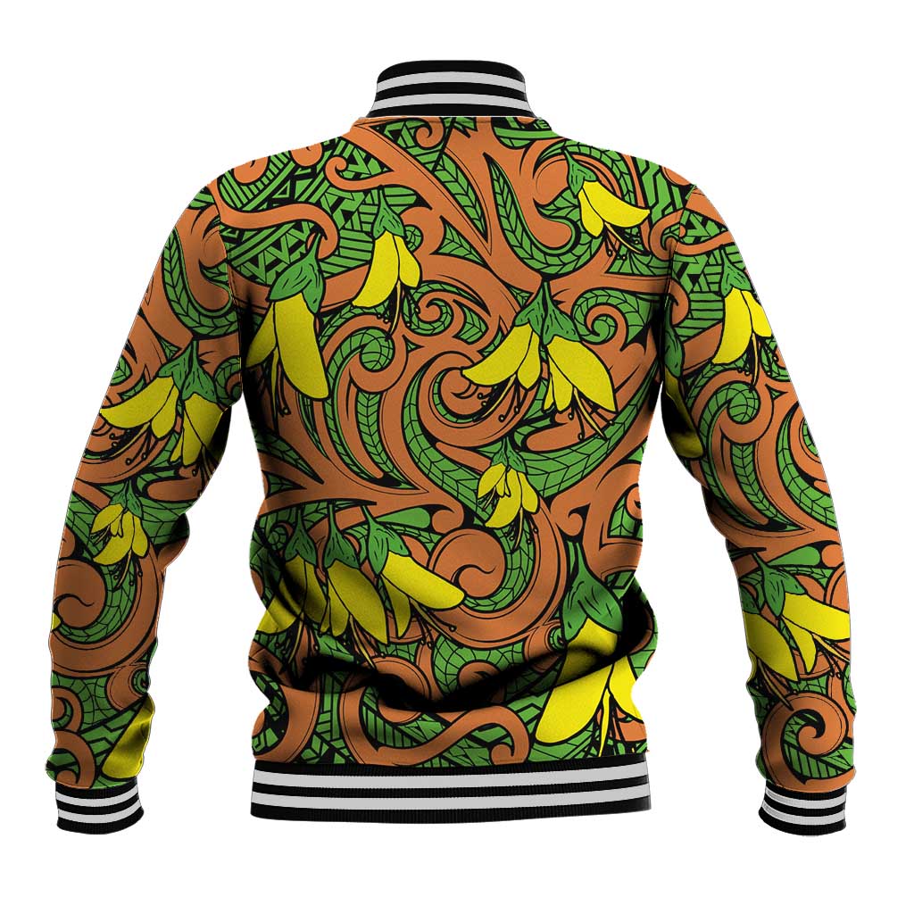 New Zealand Kowhai Flowers Baseball Jacket Maori Koru Pattern