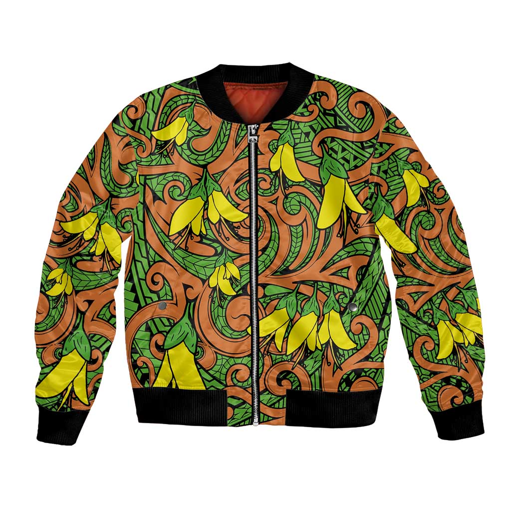 New Zealand Kowhai Flowers Bomber Jacket Maori Koru Pattern