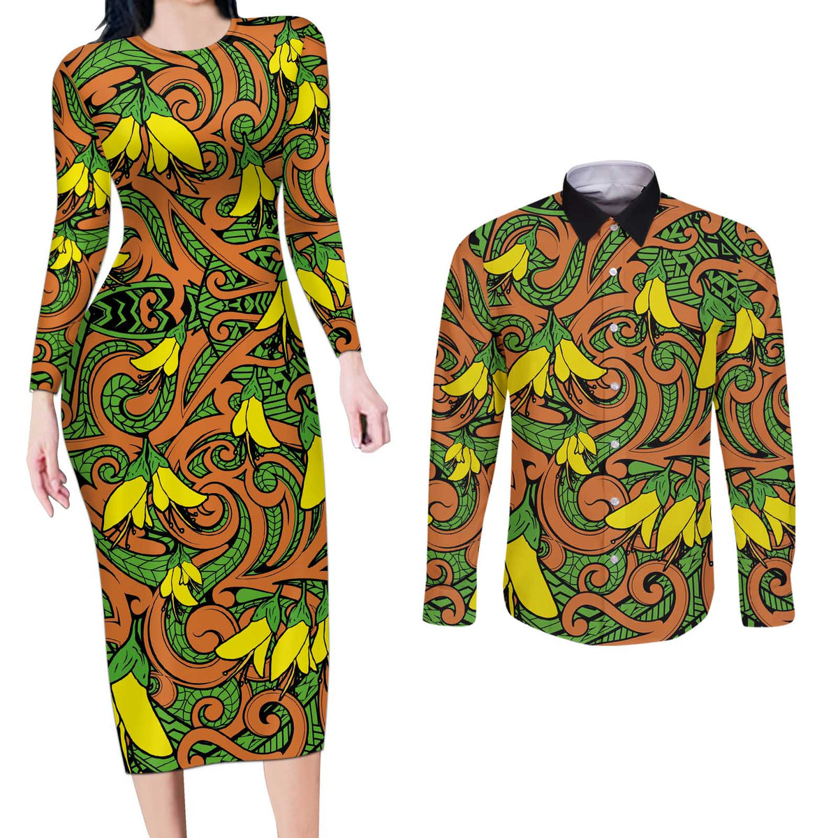 New Zealand Kowhai Flowers Couples Matching Long Sleeve Bodycon Dress and Long Sleeve Button Shirt Maori Koru Pattern LT03 Orange - Polynesian Pride