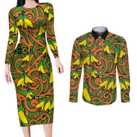 New Zealand Kowhai Flowers Couples Matching Long Sleeve Bodycon Dress and Long Sleeve Button Shirt Maori Koru Pattern LT03 Orange - Polynesian Pride