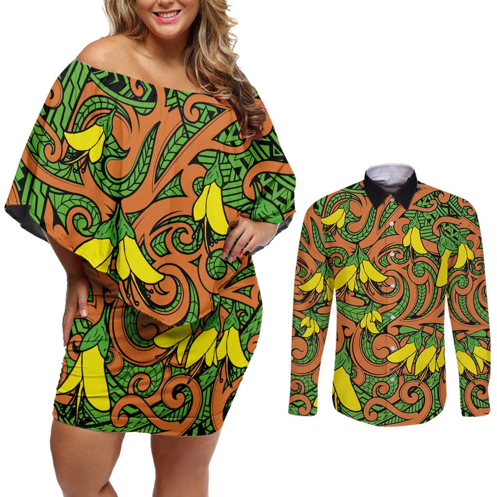 New Zealand Kowhai Flowers Couples Matching Off Shoulder Short Dress and Long Sleeve Button Shirt Maori Koru Pattern LT03 Orange - Polynesian Pride