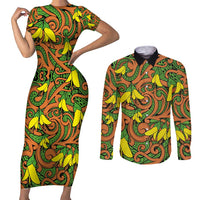New Zealand Kowhai Flowers Couples Matching Short Sleeve Bodycon Dress and Long Sleeve Button Shirt Maori Koru Pattern LT03 Orange - Polynesian Pride