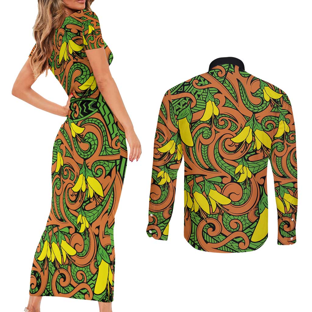 New Zealand Kowhai Flowers Couples Matching Short Sleeve Bodycon Dress and Long Sleeve Button Shirt Maori Koru Pattern LT03 - Polynesian Pride