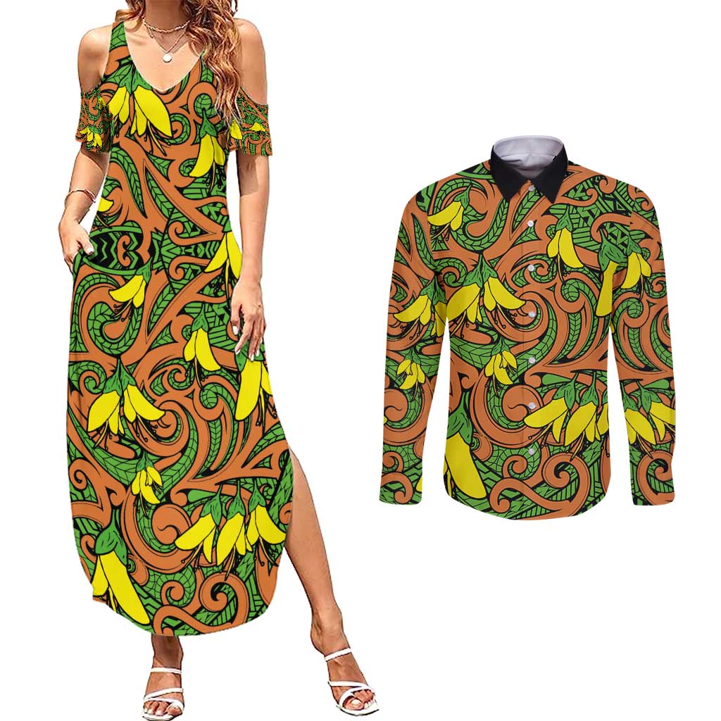 New Zealand Kowhai Flowers Couples Matching Summer Maxi Dress and Long Sleeve Button Shirt Maori Koru Pattern LT03 Orange - Polynesian Pride