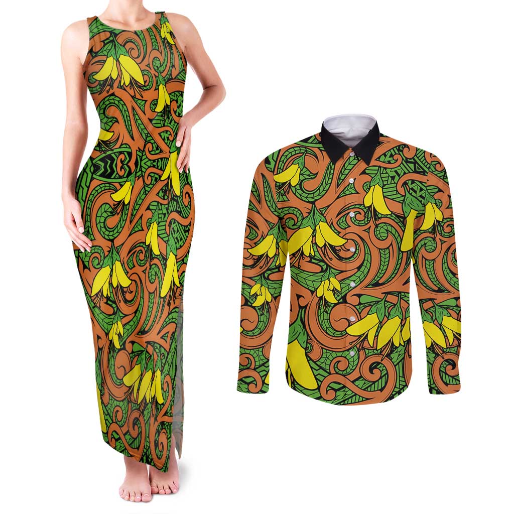 New Zealand Kowhai Flowers Couples Matching Tank Maxi Dress and Long Sleeve Button Shirt Maori Koru Pattern LT03 Orange - Polynesian Pride