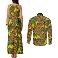 New Zealand Kowhai Flowers Couples Matching Tank Maxi Dress and Long Sleeve Button Shirt Maori Koru Pattern LT03 - Polynesian Pride
