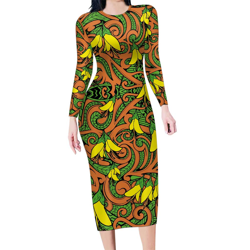 New Zealand Kowhai Flowers Family Matching Long Sleeve Bodycon Dress and Hawaiian Shirt Maori Koru Pattern