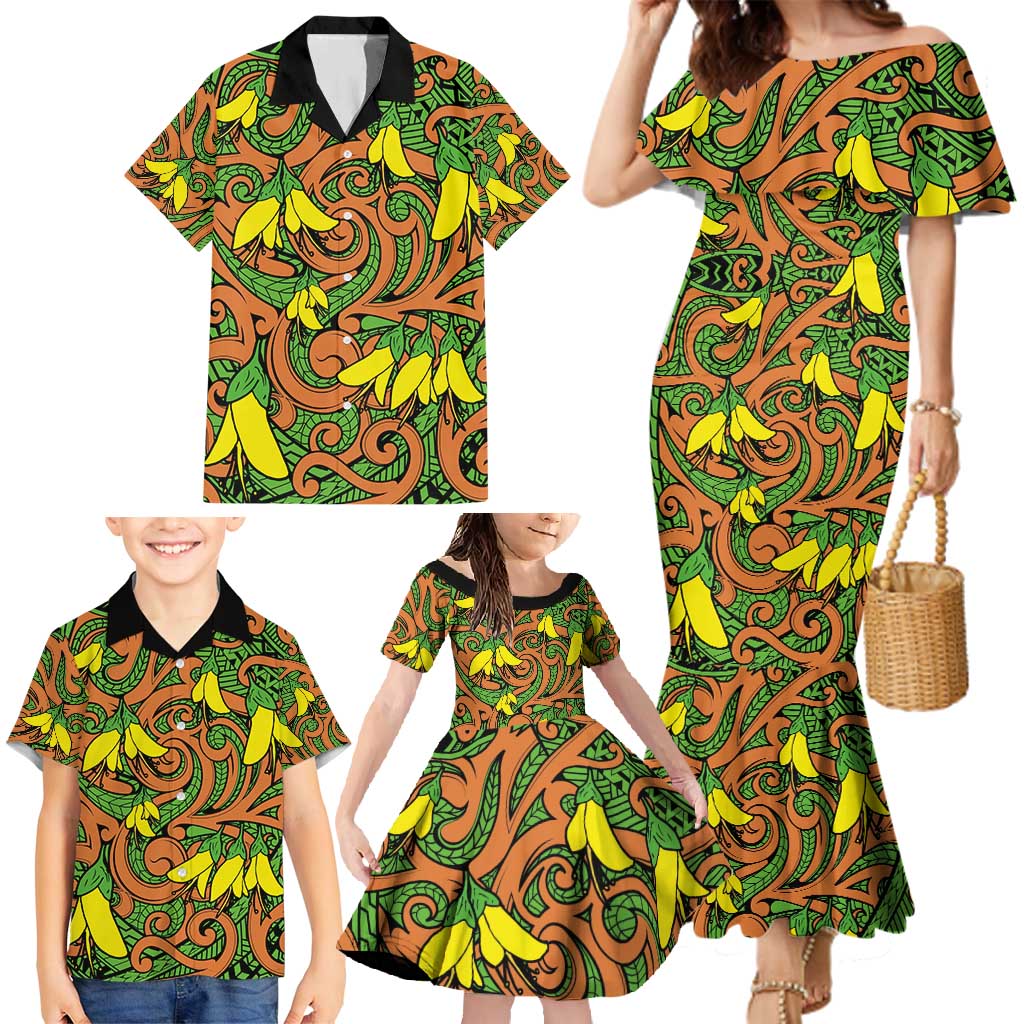 New Zealand Kowhai Flowers Family Matching Mermaid Dress and Hawaiian Shirt Maori Koru Pattern LT03 - Polynesian Pride