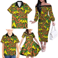 New Zealand Kowhai Flowers Family Matching Off The Shoulder Long Sleeve Dress and Hawaiian Shirt Maori Koru Pattern