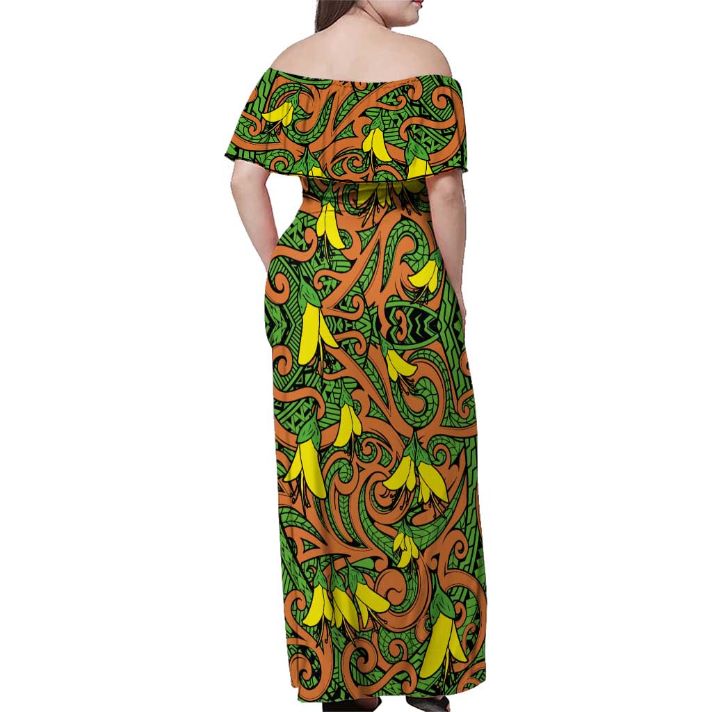 New Zealand Kowhai Flowers Family Matching Off Shoulder Maxi Dress and Hawaiian Shirt Maori Koru Pattern LT03 - Polynesian Pride