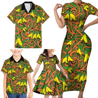 New Zealand Kowhai Flowers Family Matching Short Sleeve Bodycon Dress and Hawaiian Shirt Maori Koru Pattern LT03 - Polynesian Pride