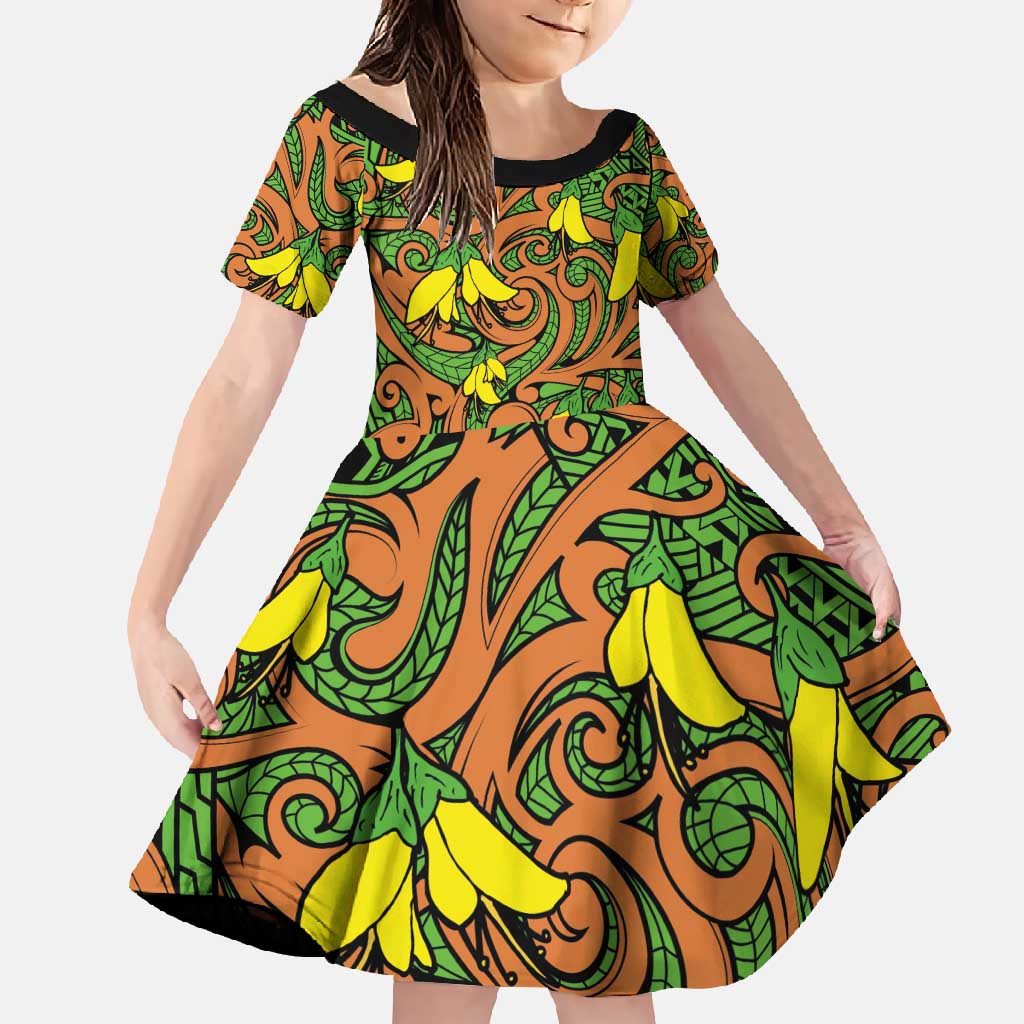 New Zealand Kowhai Flowers Family Matching Summer Maxi Dress and Hawaiian Shirt Maori Koru Pattern LT03 Daughter's Dress Orange - Polynesian Pride
