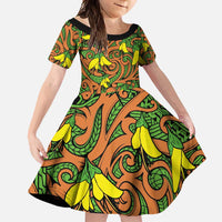 New Zealand Kowhai Flowers Family Matching Summer Maxi Dress and Hawaiian Shirt Maori Koru Pattern LT03 Daughter's Dress Orange - Polynesian Pride