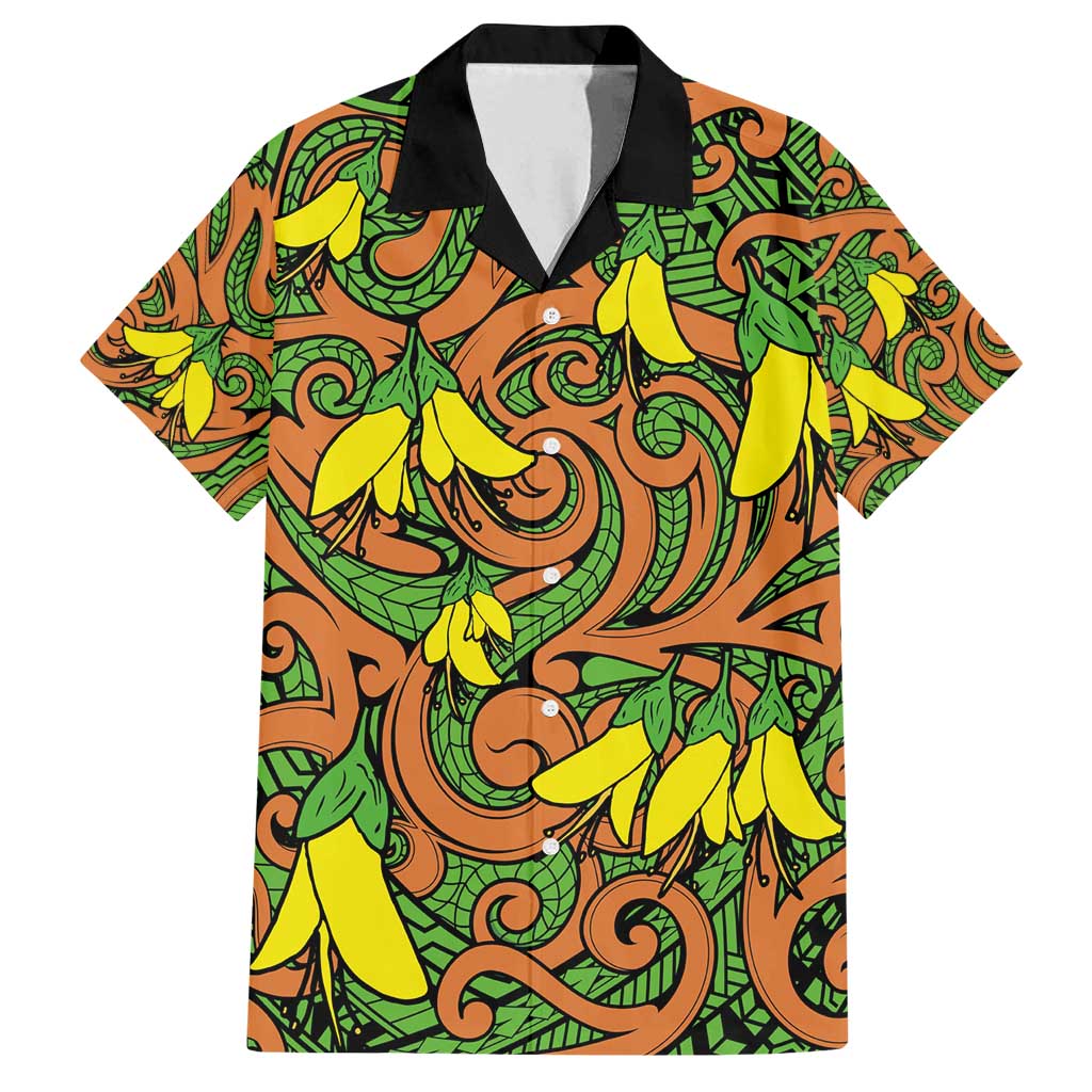 New Zealand Kowhai Flowers Family Matching Summer Maxi Dress and Hawaiian Shirt Maori Koru Pattern LT03 Dad's Shirt - Short Sleeve Orange - Polynesian Pride