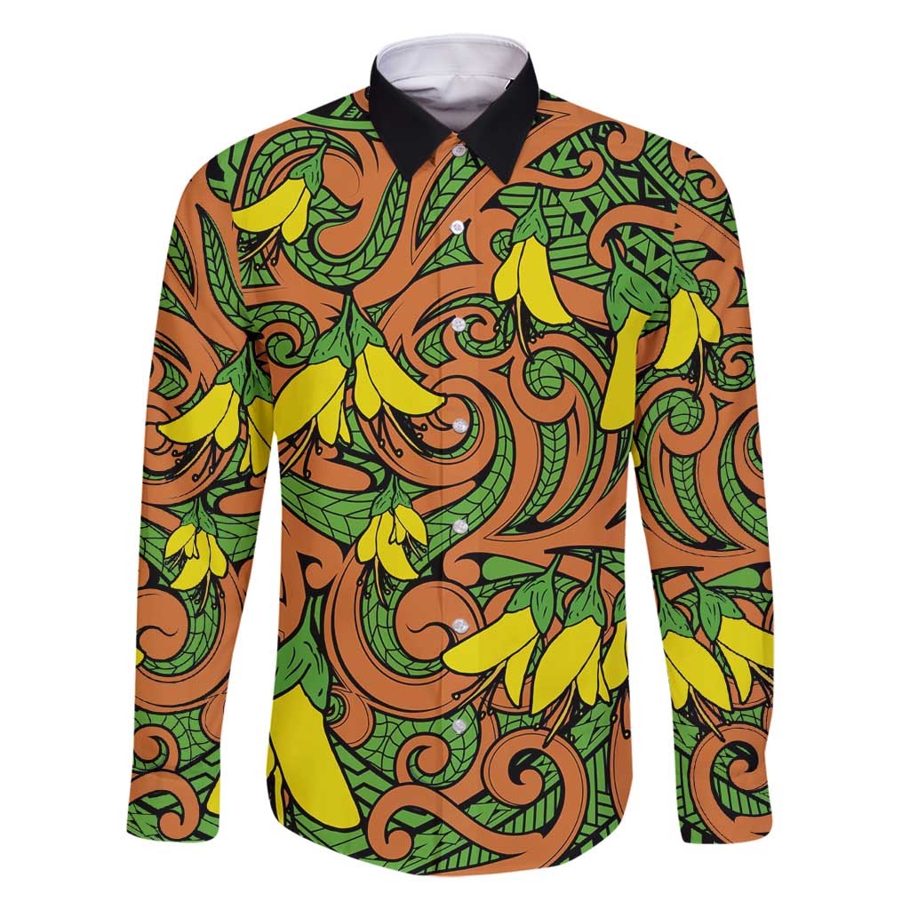 New Zealand Kowhai Flowers Family Matching Summer Maxi Dress and Hawaiian Shirt Maori Koru Pattern LT03 Dad's Shirt - Long Sleeve Orange - Polynesian Pride