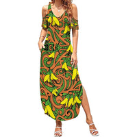 New Zealand Kowhai Flowers Family Matching Summer Maxi Dress and Hawaiian Shirt Maori Koru Pattern LT03 Mom's Dress Orange - Polynesian Pride