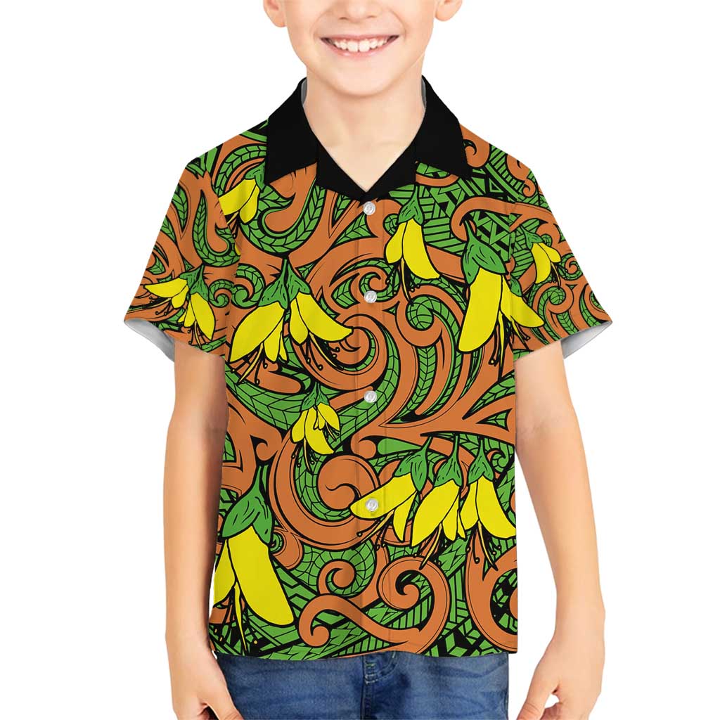 New Zealand Kowhai Flowers Family Matching Summer Maxi Dress and Hawaiian Shirt Maori Koru Pattern LT03 Son's Shirt Orange - Polynesian Pride
