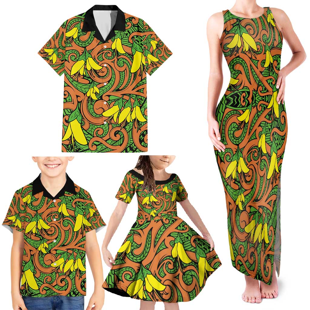 New Zealand Kowhai Flowers Family Matching Tank Maxi Dress and Hawaiian Shirt Maori Koru Pattern LT03 - Polynesian Pride