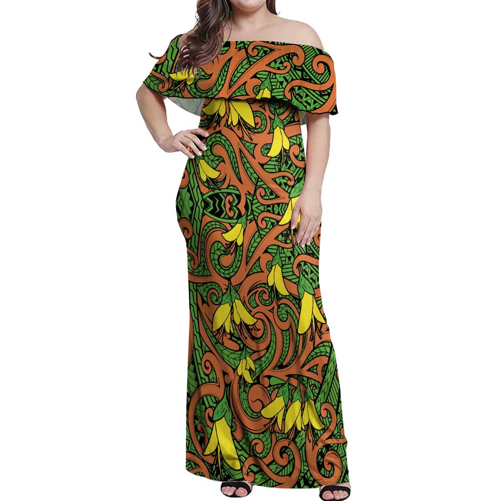 New Zealand Kowhai Flowers Off Shoulder Maxi Dress Maori Koru Pattern