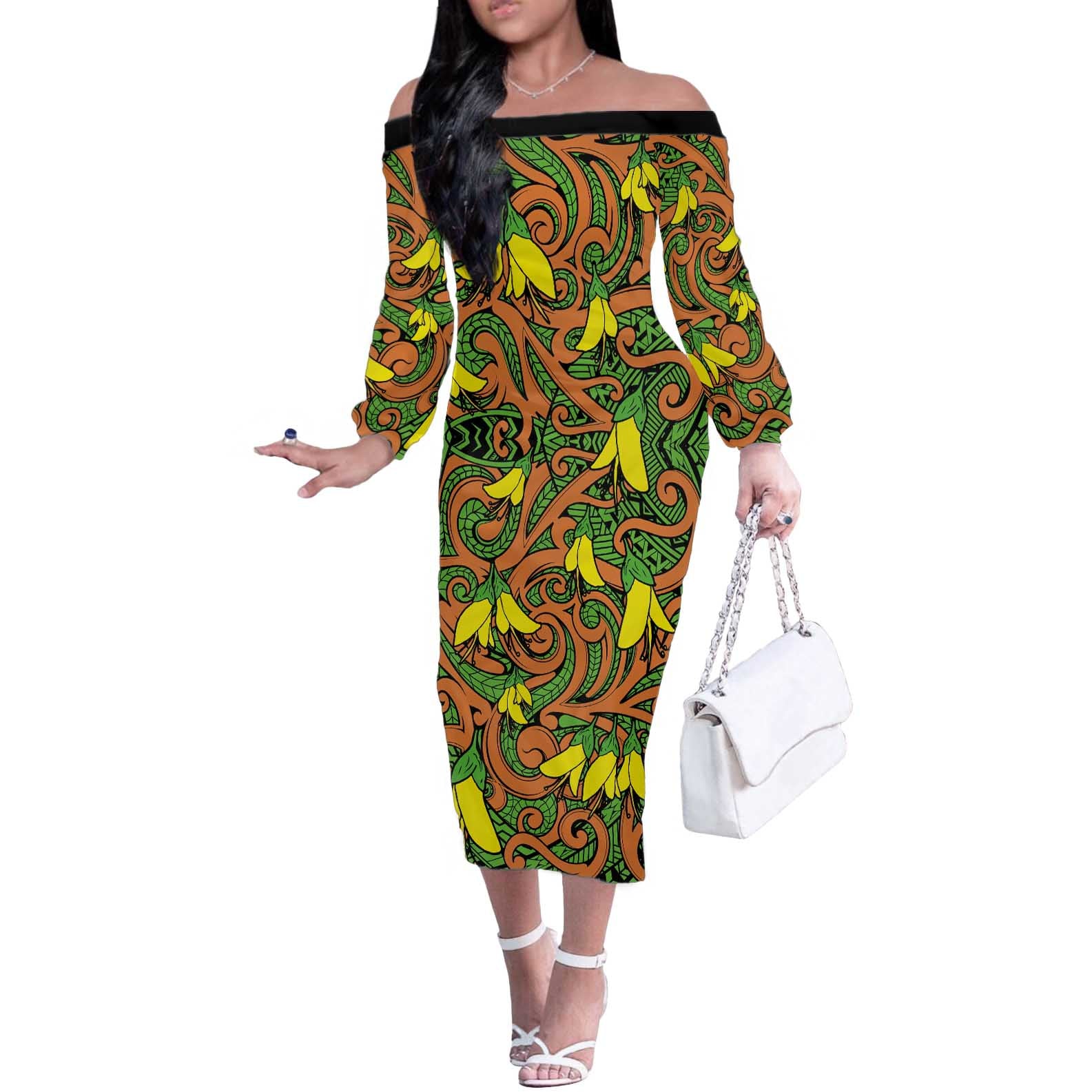 New Zealand Kowhai Flowers Off The Shoulder Long Sleeve Dress Maori Koru Pattern