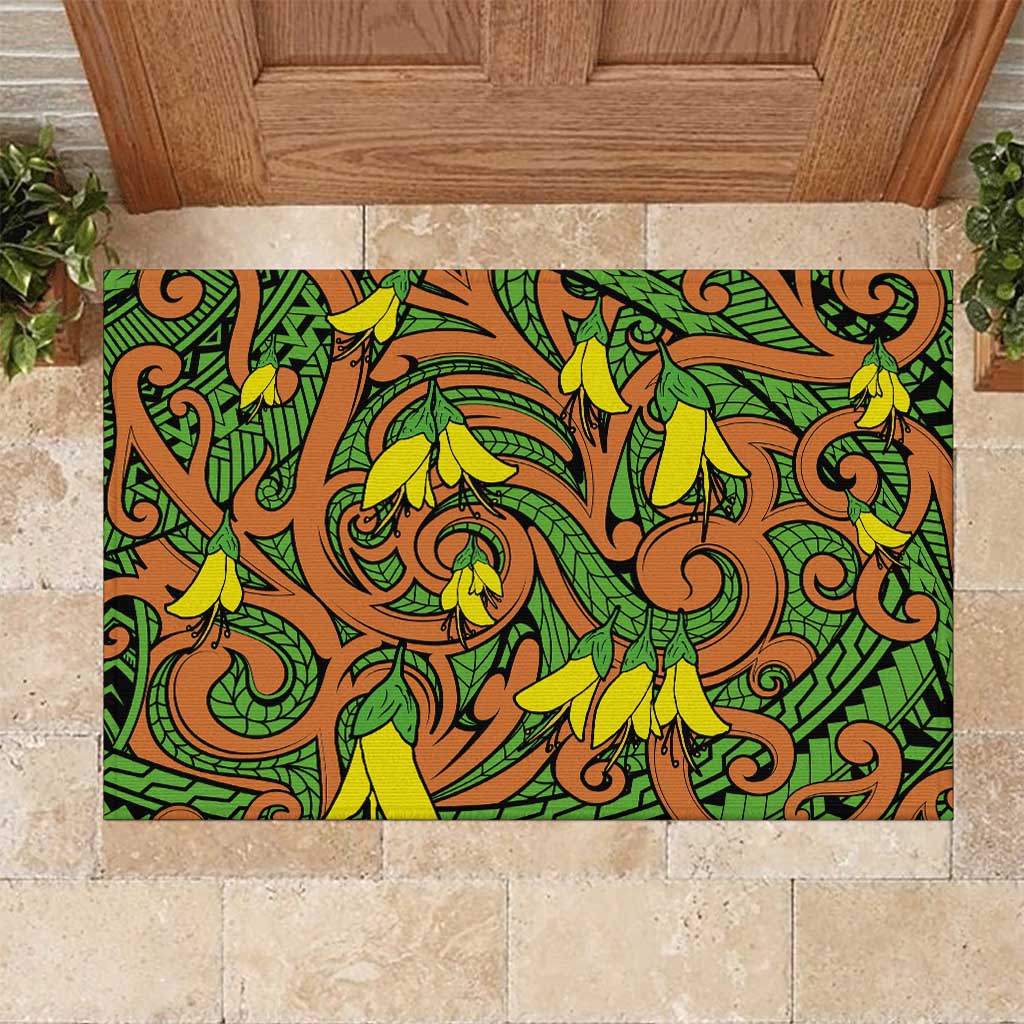 New Zealand Kowhai Flowers Rubber Doormat Maori Koru Pattern