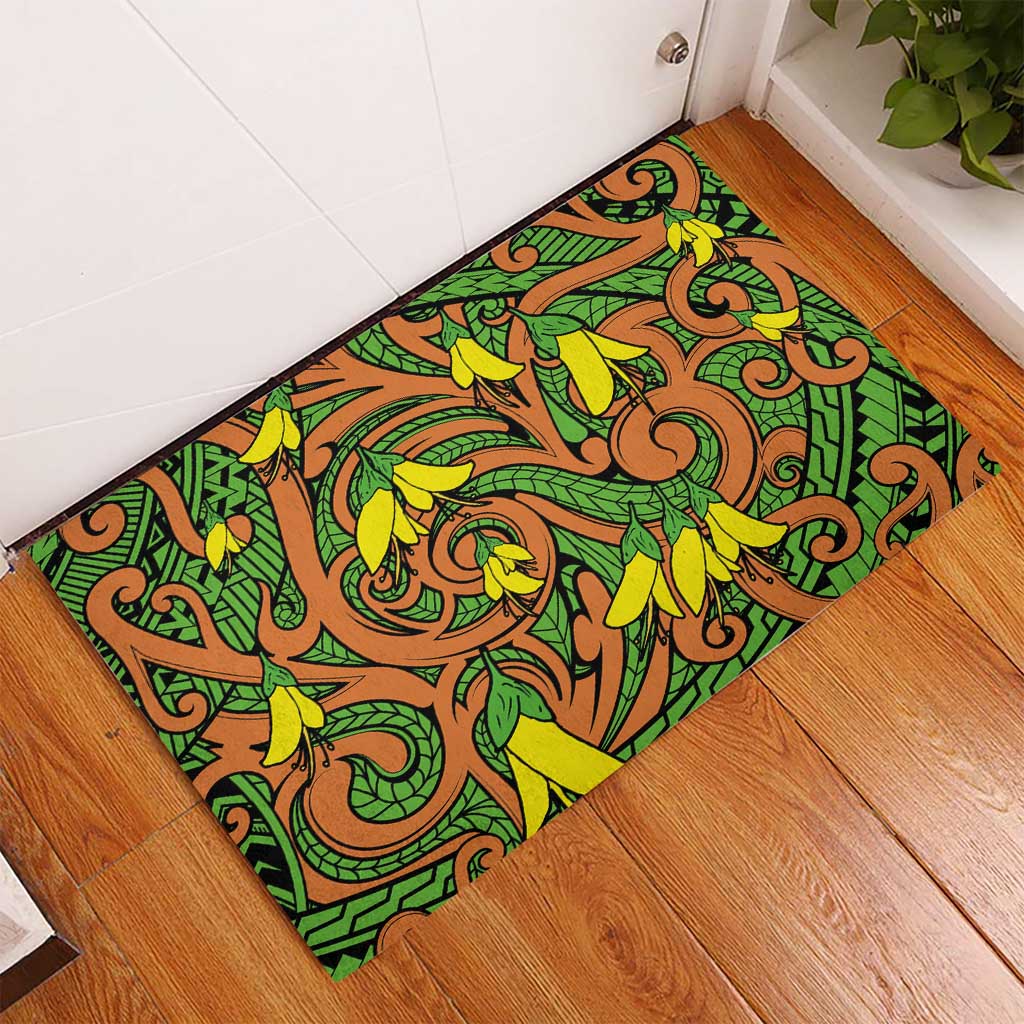New Zealand Kowhai Flowers Rubber Doormat Maori Koru Pattern
