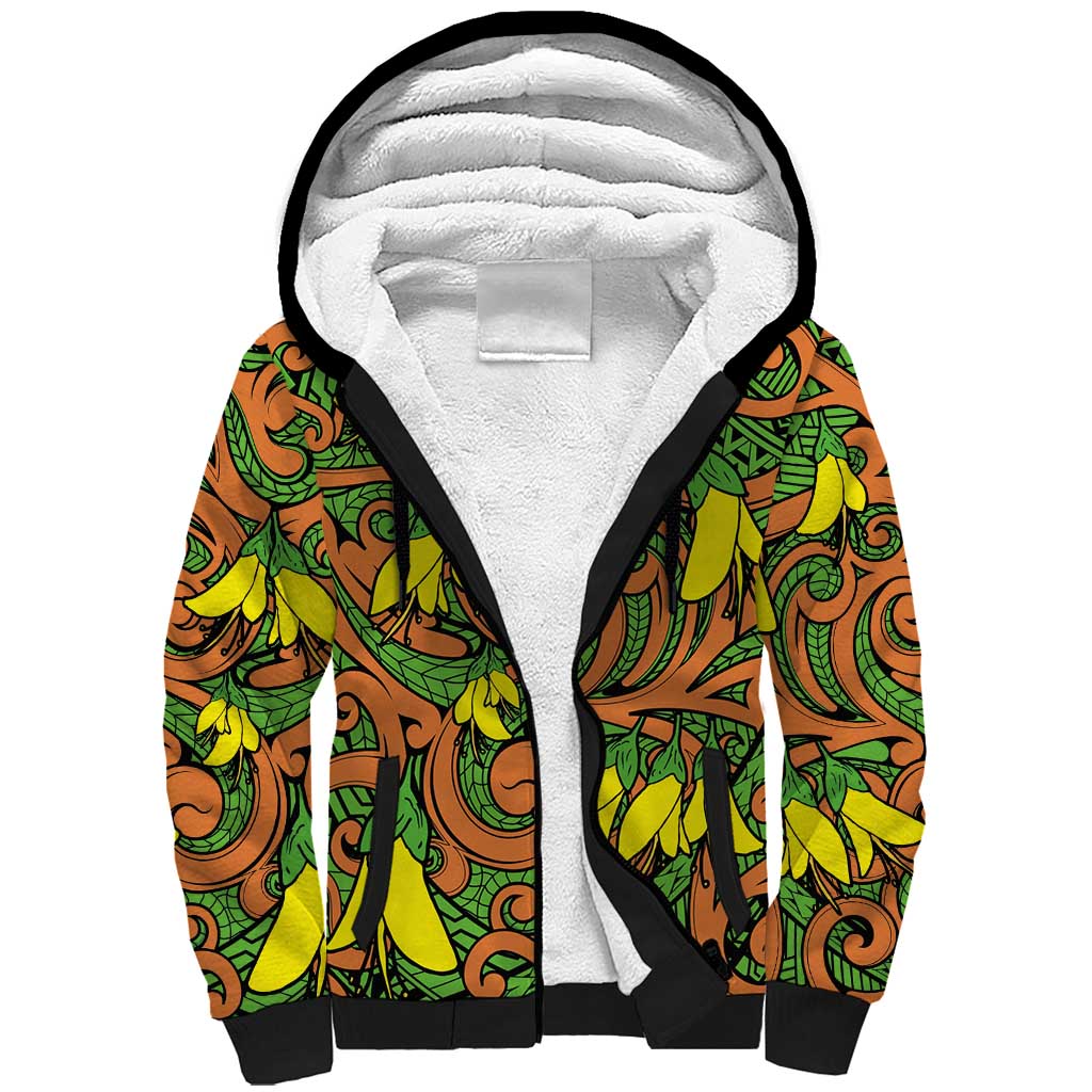 New Zealand Kowhai Flowers Sherpa Hoodie Maori Koru Pattern